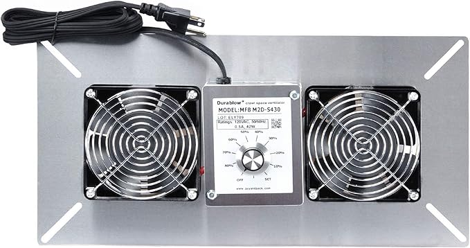 Durablow 220 CFM Air-Out Stainless Steel Crawl Space Vent Fan, Dual Fans with Dehumidistat & Thermostat, Foundation Vent, Radon Mitigation, for Crawl Space, Basement (Stainless Steel 430, M2D-S430) by Durablow