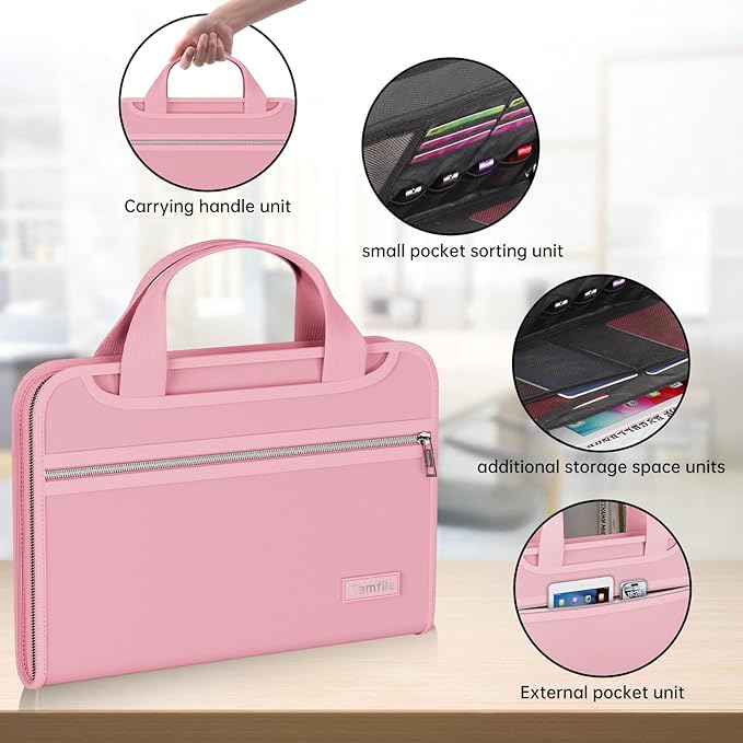 Tamfile Fireproof Accordion File Organizer with Handle, 13 Pocket Expanding File Folder with Zipper & Labels, File Folder with Multi-Pockets Paper Organizer Folder for Letter A4 Files, Pink - Image 5