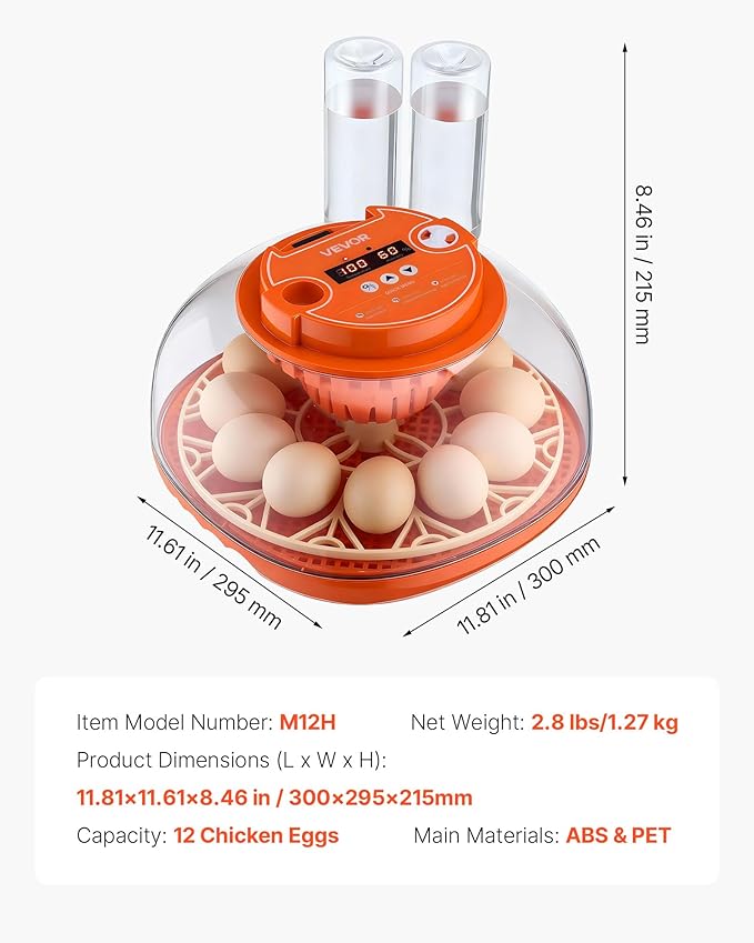 VEVOR 12 Egg Incubator, Automatic Egg Turner with LED Candler, Temperature & Humidity Control, 360° View Clear Window, Poultry Eggs Incubator for Home Farm, Hatching Chicks Ducks Goose Quail - Image 7