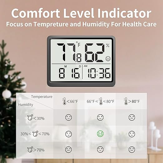 DOOMAY Room Thermometer Indoor - Hygrometer Temperature and Humidity Monitor with High Accuracy Sensor LCD Display Large Display Date Clock for Kitchen Baby Room Office (Black) - Image 3