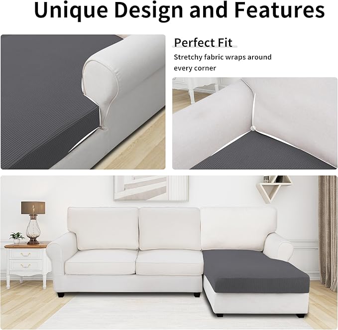 Easy-Going Stretch Sectional Couch Covers 1 Piece Chaise Lounge Slipcover L Shape Separate Cushion Couch Seat Chaise Cover for Both Left/Right Sectional Couch Gray - Image 3