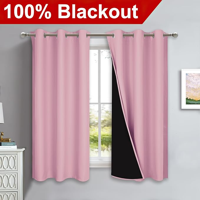 NICETOWN 100% Blackout Curtains with Black Liners, Solid Thermal Insulated Full Blackout 2-Layer Lined Drapes, Energy Efficiency Window Draperies for Bedroom (2 Panels, 42" W by 63" L, Crystal Pink) - Image 2