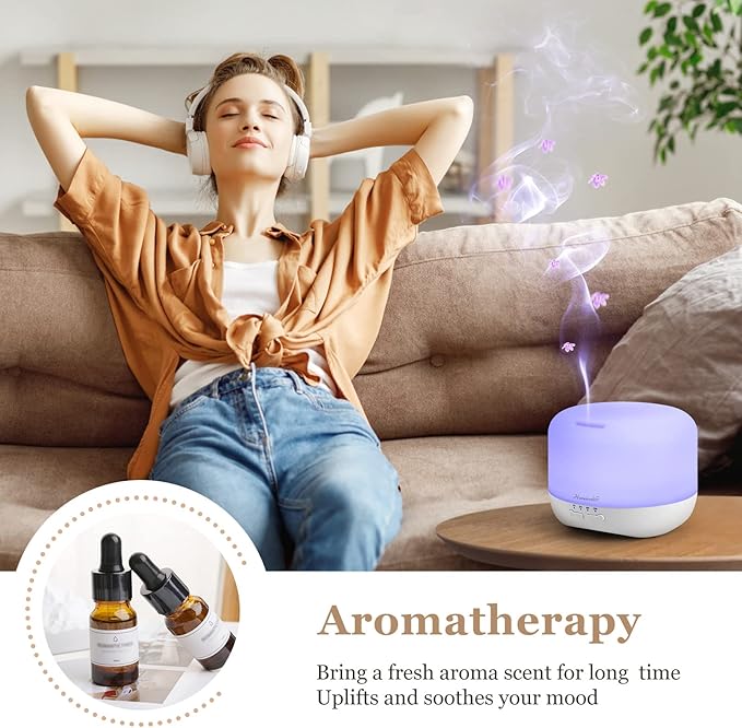 Aromatherapy Essential Oil Diffuser for Room: 500ml Colorful Aroma Air Humidifier with Adjustable Cool Mist Mode, Waterless Auto Off Ultrasonic Diffusers for Large Room Home Office(White) - Image 3