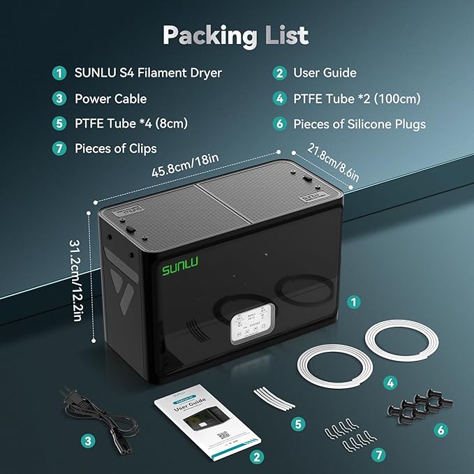 SUNLU Official Filament Dryer S4, 4 Spools Capacity, Efficient Heating to 70℃, 350W PTC Heater 3D Filament Dehydrator, Compatible with Nylon TPU PLA PETG ABS Filament 1.75/2.85/3.0mm, Black - Image 8