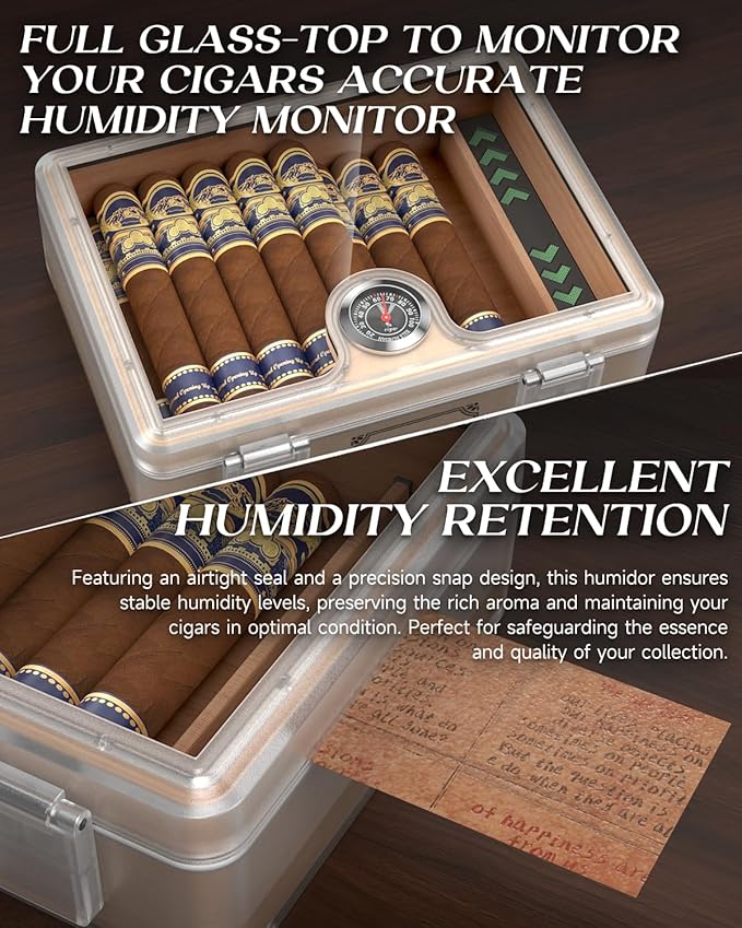 Humidor Cigar Box, with Straight Cutter Guillotine, V cut, Puncher & Holder Tool, Glass top Cigars Case, Cedar Wood Lining, Humidifier Hygrometer Accessories, Cigar Gift Set - Image 4