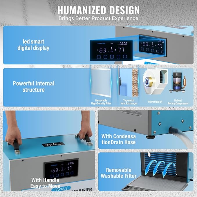 145 Pint Commercial Dehumidifier,Crawl Space Dehumidifier with Pump and Hose,Portable, AutoDefrost, Memory Restart Starting,Whole House dehumidifier for Basements, Warehouses - Image 6