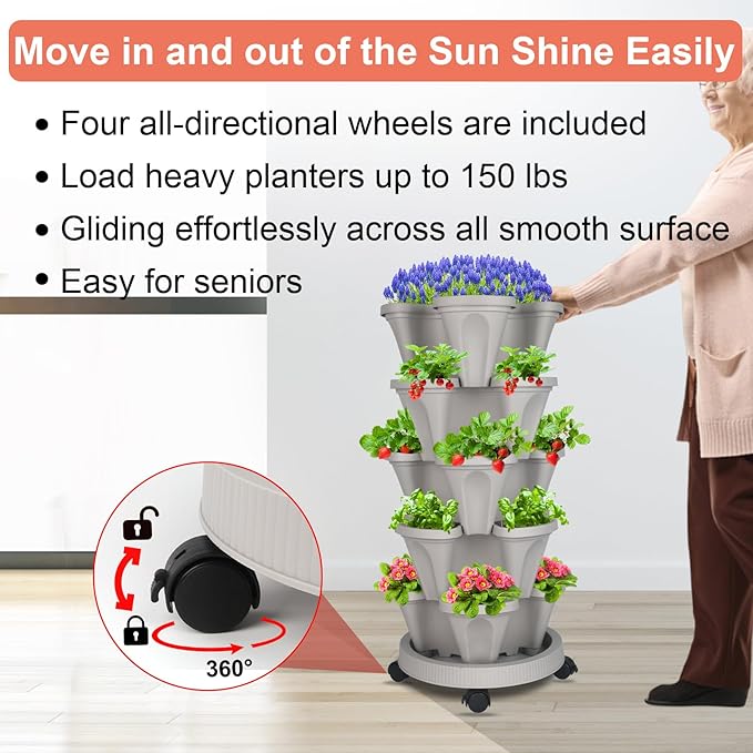 DUNCHATY Stackable Planter, Vertical Garden Planter with Wheels and Garden Tools, Strawberry Planter Indoor/Outdoor 5 Tier Herb Planter Pots for Growing Vegetables and Succulents,Gray - Image 5
