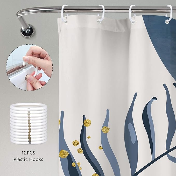 Blue Boho Shower Curtain 72Wx72H Modern Bohemian Abstract Leaves Plant Botanical Grey Mid Century Minimalist Arch Bathroom Decor Geometric Neutral Bath Curtain Fabric Polyester 12 Pack Hook - Image 5