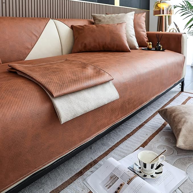 Faux Leather Waterproof Couch Sofa Cover Vintage PU Sectional Couch Cover Non Slip Sofa Slipcover Furniture Protector for Kids Dogs Cats (Brown,43"x63") - Image 4