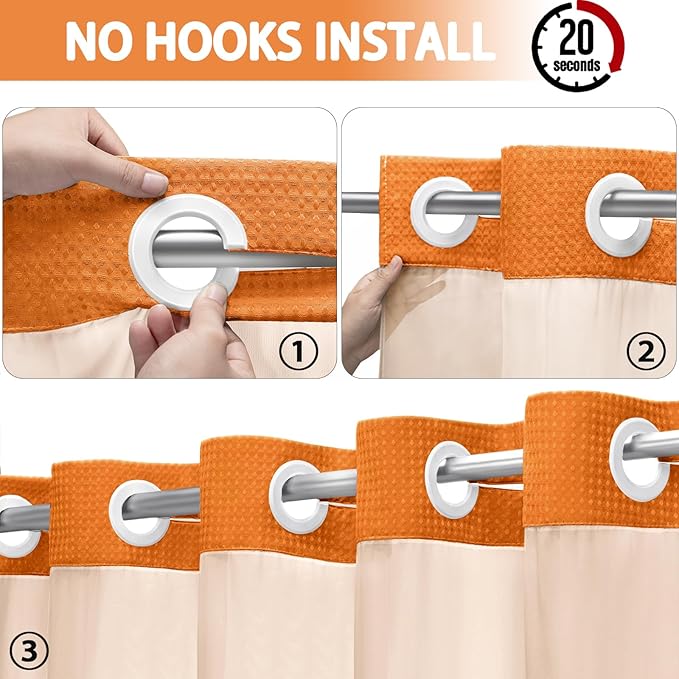 No Hook Shower Curtain and Liner Set,Orange Hotel Waffle Shower Curtain with Liner 75" L x 72" W - Image 2