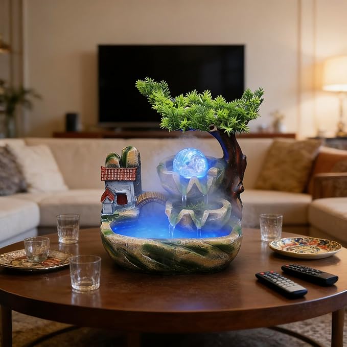 Small Bonsai Humidifier Mini Tabletop Waterfall Fountain with LED Color Night Light and Atomizer, Desktop Water Fountains Indoor Home Decor or Festival Birthday Gift for Girls Boys, 10 Inch - Image 6