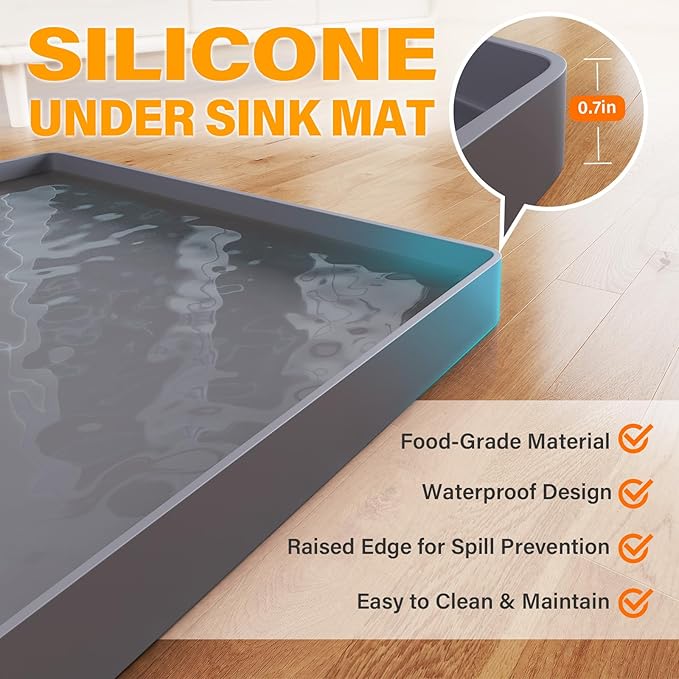FLATO Waterproof Under Sink Mat 40" x 22" Shelf Liner for Kitchen and Bathroom, Cabinet Protector, Organizers and Storage, Flexible Silicone Drip Tray - Image 2