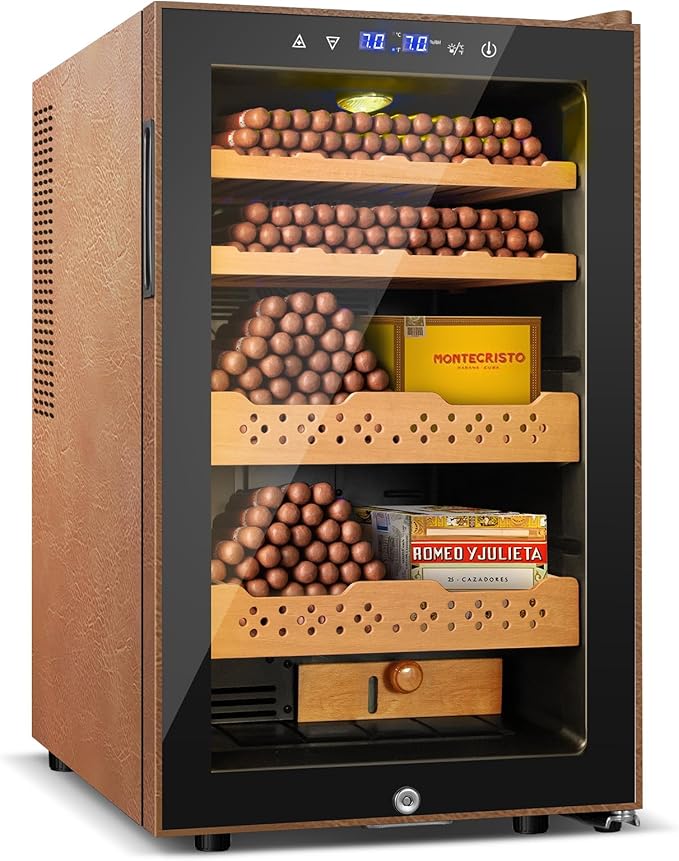 Electric Cooler Cabinet 70L with Temperature and Humidity Control, Leather Finish, Spanish Cedar Wood Shelves and Safety Lock (500 Counts Capacity), Gift for Men by FoMup