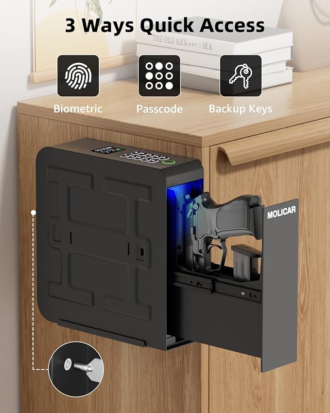 Biometric Gun Safe for Handgun Fingerprint 3 Ways Quick Access Slider Pistol Safe, Mounted Bedside Gun Lock Box for Nightstand, Bed, Desk, Wall, Dresser - Image 2