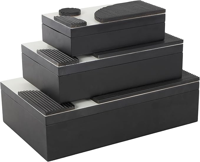 Deco 79 Wood Handmade Decorative Box Decorative Keepsake Boxes with 3D Geometric Accents, Set of 3 Storage Boxes 15", 12", 9"W, Black - Image 7