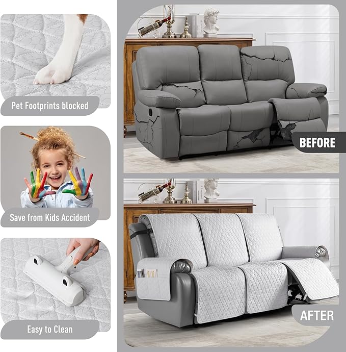 TAOCOCO 100% Waterproof Recliner Cover, Non-Slip Washable Reclining Couch Cover with Elastic Leg Straps, Furniture Protector for Dogs (Off White, 3 Seater) - Image 2