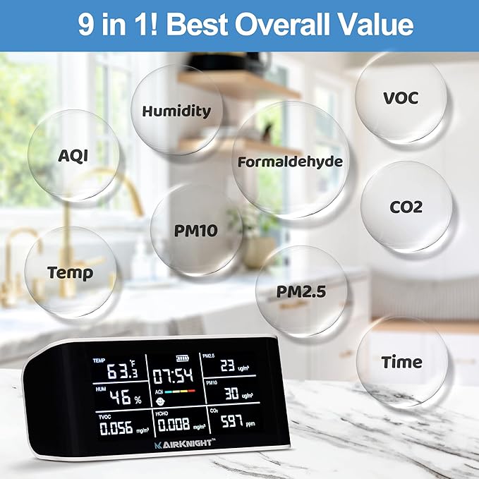 AirKnight Premium Indoor Air Quality Monitor Indoor & Air Quality Sensor. VOC Detector, CO2 Monitor, Formaldehyde Detector HCHO, AQI, PM2.5, PM10 Temperature Humidity Air Monitor AQI CO2 Meter - Image 3