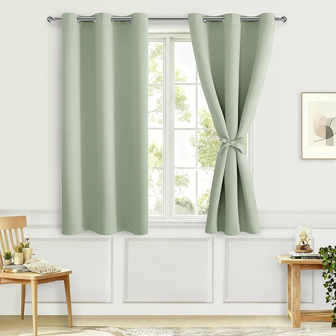 Hiasan Blackout Curtains for Bedroom - Thermal Insulated & Light Blocking Window Curtains for Living Room/Kids Room, 2 Drape Panels Sewn with Tiebacks, Seafoam Green, 42 x 45 Inch - Image 2