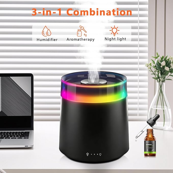 Humidifiers for Bedroom Home,3L Top Fill Cool Mist Humidifier for Baby Nursery,Essential Oil Diffuser for Large Room,3 in 1 uiet Ultrasonic Humidifier for,Office,Plant,Nursery,BPA FREE(Black) - Image 2