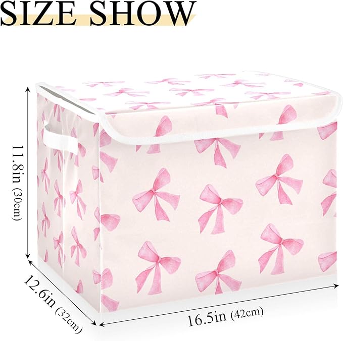 xigua Pink Bow Storage Bins with Lids and Carrying Handle,Foldable Storage Boxes Organizer Containers Baskets Cube with Cover for Home Bedroom Closet Office - Image 3