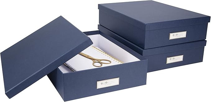 Bigso Oskar Fiberboard Label Frame Document Letter Box - File Organizer Box for Important Paperwork - Document Storage with a Lid & Metal Label Window - 3.3 in x 10.2 in x 13.8 in - Dark Blue - Image 5