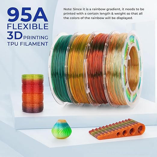 AMOLEN TPU 3D Printer Filament Bundle, Transparent Multicolor Rainbow TPU 1.75mm, Color Change Flexible Soft TPU 3D Printing Filament Supports High Speed, 200gX4 Spools - Image 4