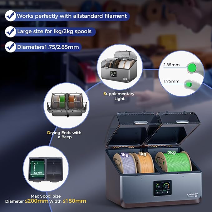 Creality Filament Dryer 4 Spools,Space Pi X4 Filament Storage Box:Dual Independent Heating Chambers Up to 85℃,Auto Silent Power Saving Storage Mode and Active Dehumidification for PLA PETG ABS - Image 6