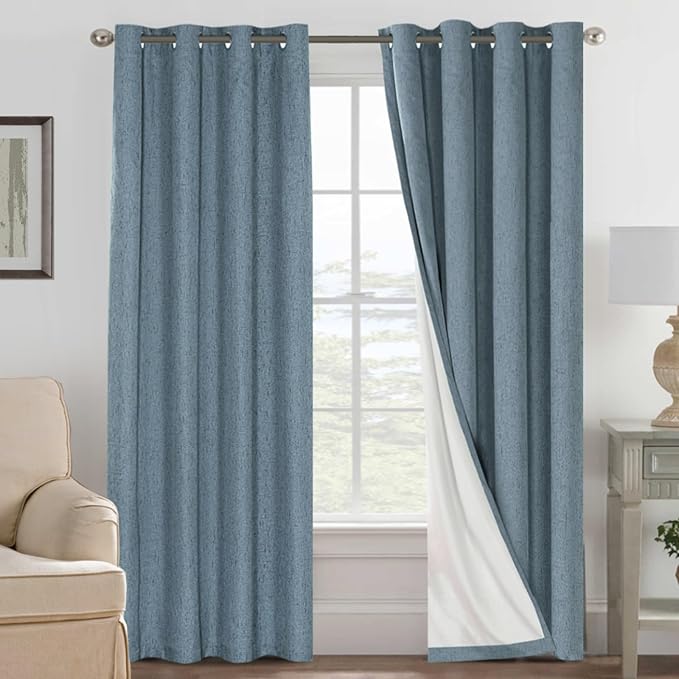 H.VERSAILTEX Linen Blackout Curtains 108 Inches Long 100% Blackout Thermal Insulated Textured Linen Look Curtain Draperies Anti-Rust Grommet, Energy Saving with White Liner, 2 Panels, Stone Blue by HVERSAILTEX