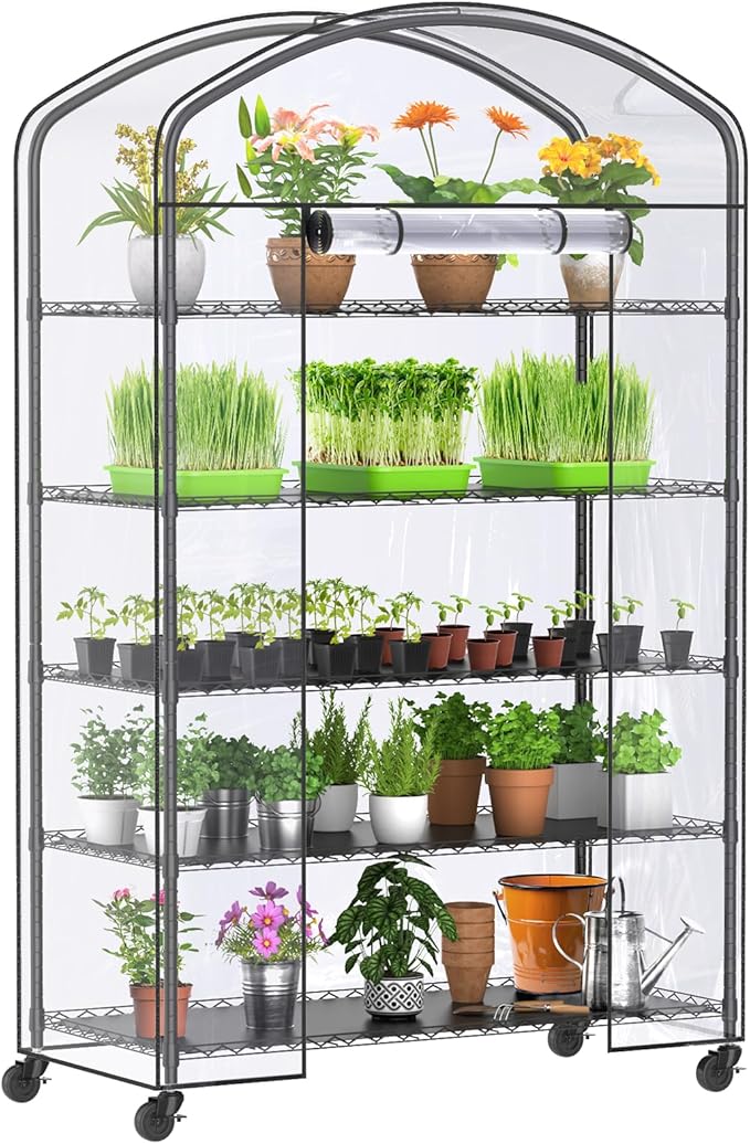 Abimars 5-Tier Greenhouse with Caster Wheel, Each Shelf Height Adjustable Metal Plant Shelf with PVC Cover for Seed Starting Trays, Seedling Pots, Plant Pots, 21x49x80inch by Abimars