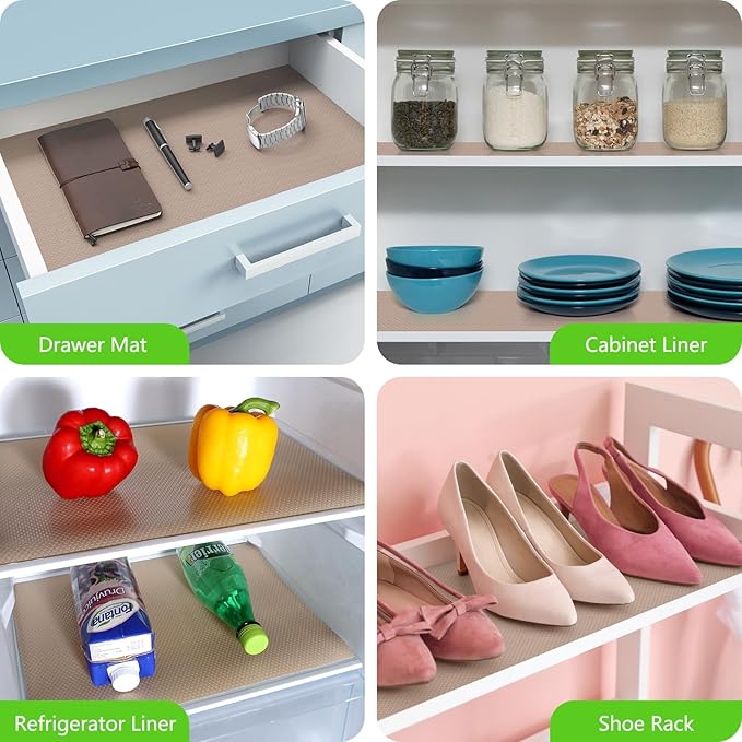 Beige Shelf Liners for Kitchen Cabinets Non Adhesive Drawer Liner for Bathroom Waterproof Refrigerator Liners for Shelves Fridge Plastic Mats Cabinet Cupboard Liner 17.5 x 236.2 Inches x 2 Rolls - Image 6