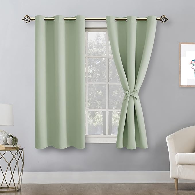 Hiasan Short Blackout Curtains for Bedroom - Thermal Insulated & Light Blocking Window Curtains for Living Room/Kids Room, 2 Drape Panels Sewn with Tiebacks, Seafoam Green, 42 x 45 Inch - Image 2