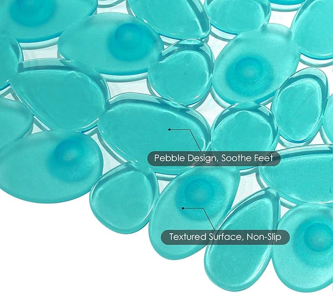 WELTRXE Non Slip Bath Mat Pebbles Bathtub Mat with Suction Cups, Drain Holes for Bathroom Showers, Tub, 35 x 16 Inches Machine Washable Bathroom Mats BPA, Latex Free Safe Shower Mats - Teal - Image 3
