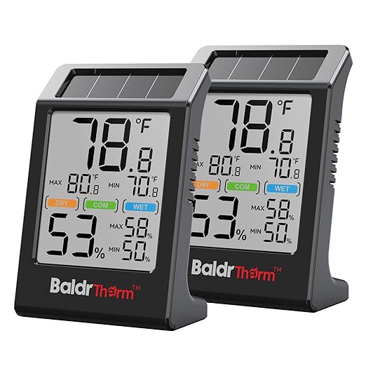 BaldrTherm Room Thermometer Indoor Humidity Meter Solar Powered with Max/Min Memory & Comfort Indicator - 3.2" Large Display for Home, Black, 2Pack by BaldrTherm