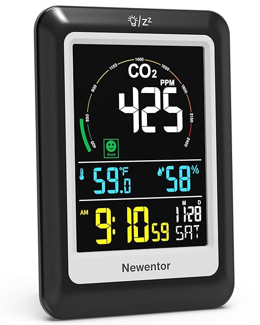 Newentor CO2 Monitor, Indoor Air Quality Meters, Carbon Dioxide Detector with Voice Alert, Large Display CO2 Tester, Temperature Humidity Sensor, Alarm Clock for Home, RV, Grow Tents, Black by Newentor