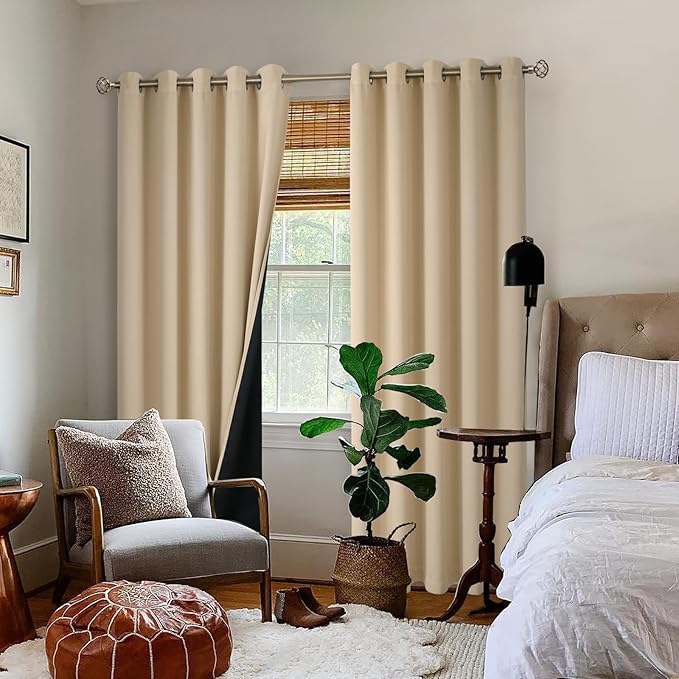BGment Thermal Insulated 100% Blackout Curtains for Bedroom with Black Liner, Double Layer Full Room Darkening Noise Reducing Grommet Curtain (60 x 84 Inch, Beige, 2 Panels) - Image 2