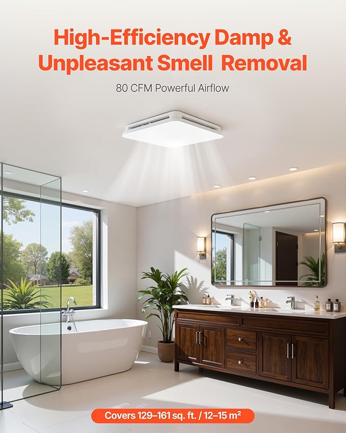 VEVOR Bathroom Exhaust Fan with LED Light, 80 CFM 4000K Bathroom Vent, 1.5 Sones Low-Noise, Premium Motor Ceiling Fan for Laundry Room, Storage Room, Home Ventilation, White - Image 2