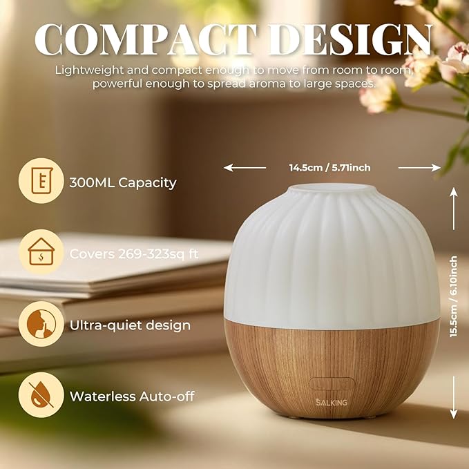 SALKING Essential Oil Diffuser, 300ml Aromatherapy Diffuser for Essential Oils, Ultrasonic Diffuser with Adjustable Mist Mode Timers, Cool Mist Humidifier with 8 Color Lights, for Office Home - Image 5