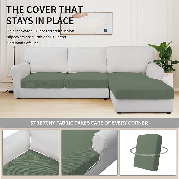 Easy-Going Stretch 3 Pieces Couch Cushion Covers for Sectional Sofa Left/Right L Shape Chaise Lounge Sofa Seat slipcover Anti-Slip Sofa Cover Soft (2 Seater + 1 Chaise, Greyish Green) - Image 5