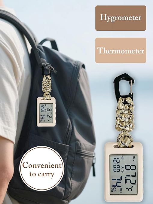 Digital Thermometer,Room Thermometer Indoor,Temperature Humidity Monitor with Display Time Date,Hygrometer Indoor Humidity with Carabiner Clip,Outdoor Thermometer for Camping Hiking Travel - Image 4