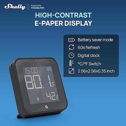 Shelly BLU H&T Display ZB Black, Bluetooth & Zigbee Operated Temperature & Humidity Levels Sensor, E-Paper Display, Home Assistant, Alexa, Google Home, Real-Time Monitoring, Long-Life Battery - Image 3