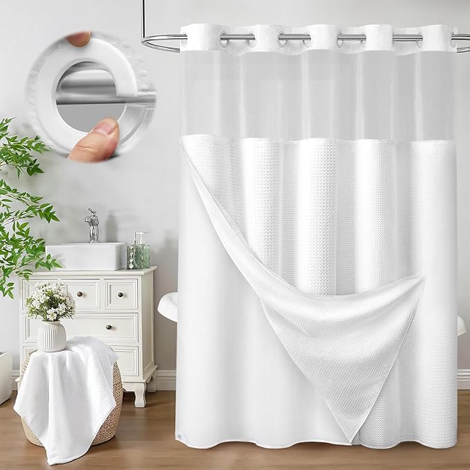 No Hook Shower Curtain with Fabric Liner White Hotel Waffle 75" L x 72" W,PEVA Frosted Window by Unknown