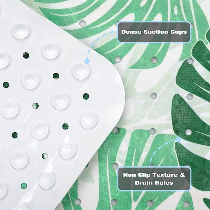 Tropical Leaves Bathtub Mat Non Slip, Boho Bath Tub Mat Baby Bath Mats for Bathroom Anti Slip Shower Mats for Inside Shower, Green Plants Bathmat with Suction and Drain Holes Machine Washable, 40″x16″ - Image 3