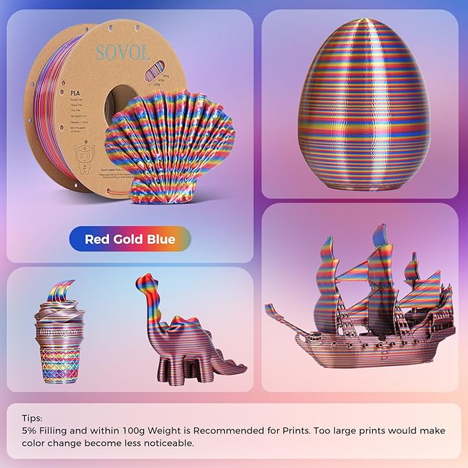 Sovol Silk PLA Filament Rotated Tri Color Co-Extrusion 1.75mm, Fast Change 3D Printer Filament 1kg/ 2.2lbs, Red Gold Blue 3 in 1 Coextrusion PLA Material +/-0.03mm - Image 3
