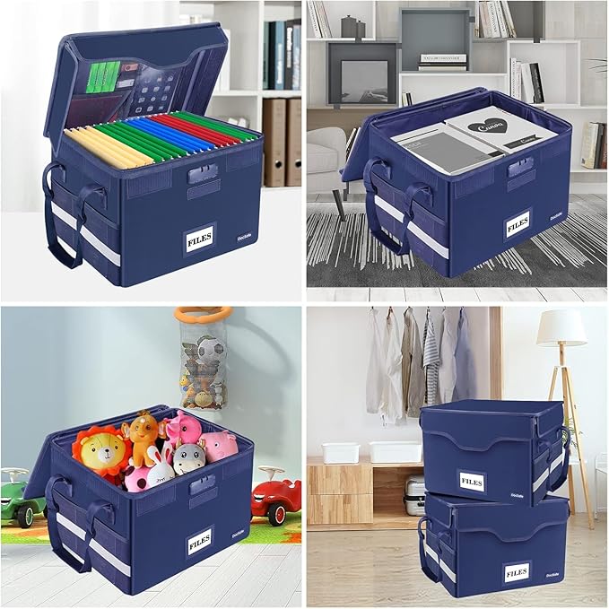 DocSafe Fireproof Document Box with Lock, File Storage Organizer with Mesh Pockets, Collapsible Portable File Box Home Office Safe Filing Cabinet with Handle for Hanging Letter/Legal Folder, Blue - Image 2