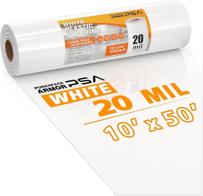 Crawl Space Vapor Barrier, 20 Mil Vapor Barrier, 10'x50', White Plastic Sheeting - Thick Plastic Sheeting, Heavy Duty Polyethylene Film, Drop Cloth Vapor Barrier Covering for Crawl Space, Basement by PureSpaceArmor