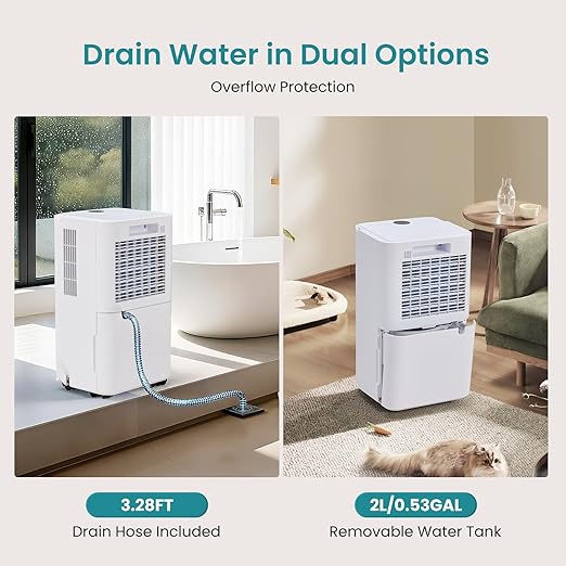 NEWBULIG 30Pints Dehumidifier with Drain Hose, 2,000 Sq.Ft Dehumidifier for Basement, 0.53 Gallon Tank, Low 38dB, Smart Humidity Ring, Ideal Whole House Humidity Remover for Home, Bedroom & Bathroom - Image 2
