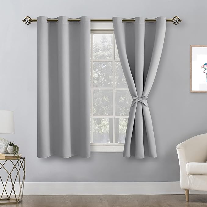 Hiasan Short Blackout Curtains for Bedroom - Thermal Insulated & Light Blocking Window Curtains for Living Room, 2 Drape Panels Sewn with Tiebacks, Silver Grey, 38 x 45 Inch - Image 2