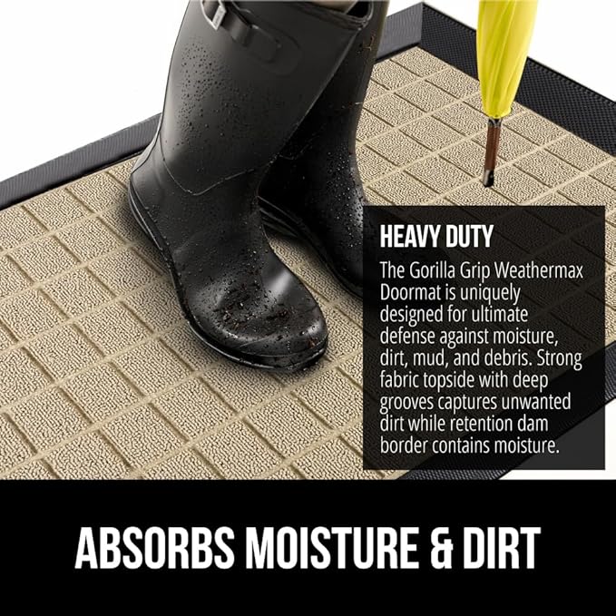 GORILLA GRIP 100% Waterproof All-Season WeatherMax Doormat US Designed Natural Rubber, Stain and Fade Resistant, Low Profile Indoor Outdoor Door Mats, Easy Clean Patio Mat, 17x29, Taupe Grid - Image 4