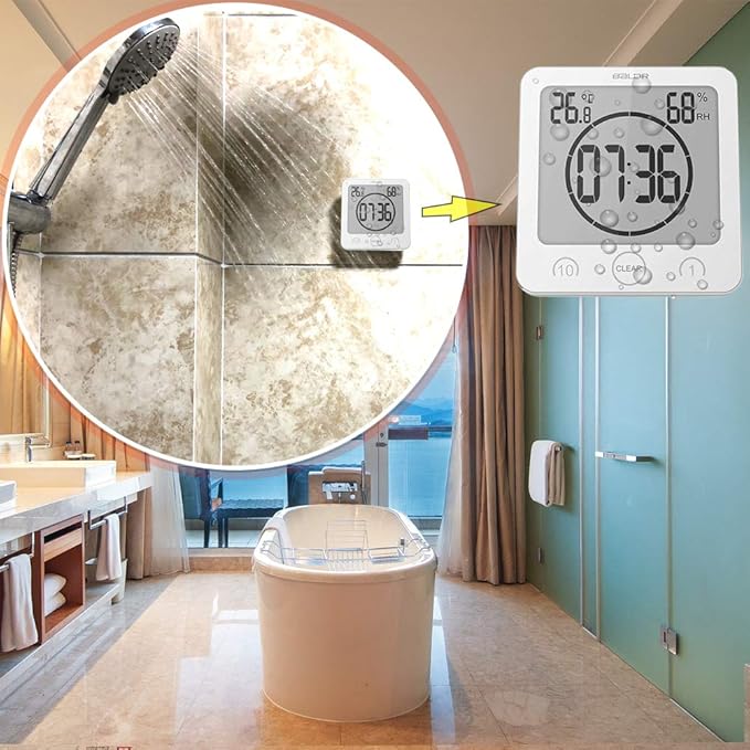 Waterproof Bathroom Wall Clock and Timer, Digital Water Resistant Hanging Timer for Shower, Large Display Kitchen Cooking Countdown Timers, Mirror Suction Clock with Temperature Humidity Meter (White) - Image 3
