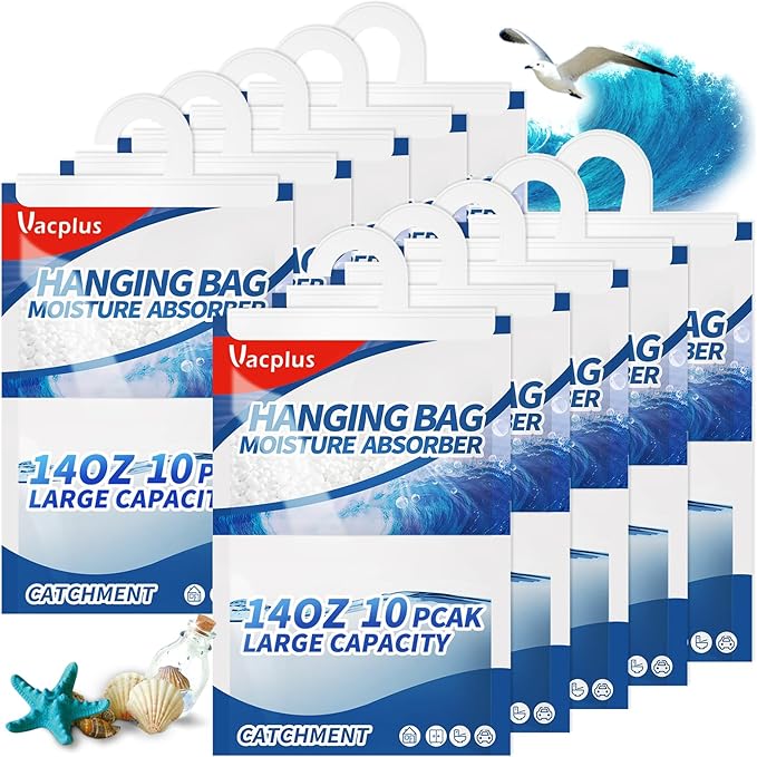 Vacplus Moisture Absorbers, Hanging Closet Dehumidifier Bags, Humidity Packs, Desiccant, Closet Dehumidifiers with Ocean Breeze Fragrance, 10 Pack, 14.0 OZ by Vacplus